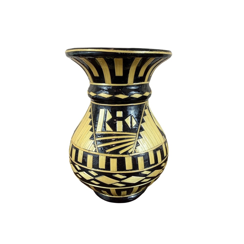 VTG‎ Black and Seagrass Bamboo Geometric Pattern Stoneware 6" Tall Spells "RIO"